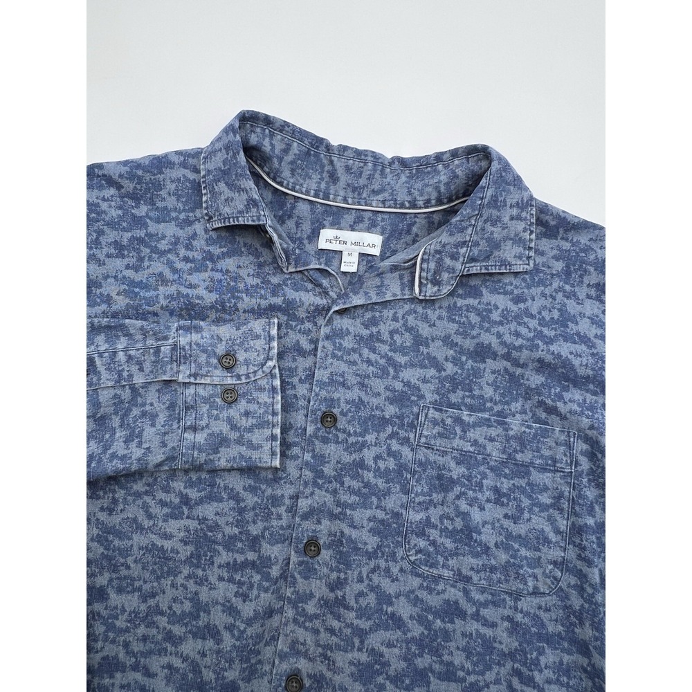 Peter Millar Denim Button Up Shirt Fir Camo Stretch Long Sleeve Men's M Blue